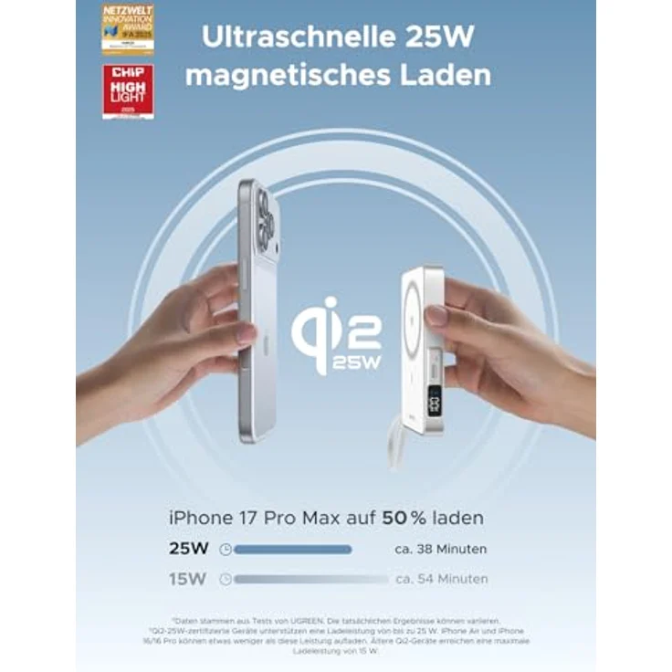 UGREEN MagFlow Magnetische Powerbank 10000mAh 25W, Qi2 Magsafe mit integriertem USB-C Kabel, LED-Bildschirm und PD30W Schnellladung für iPhone 16-17, Weiß – Bild 2
