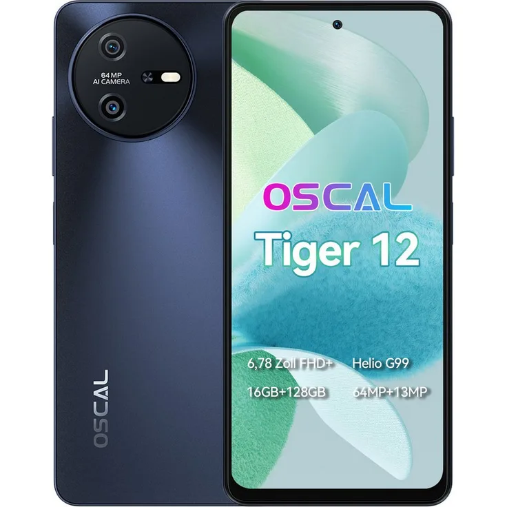 OSCAL Tiger 12 (8+128) Smartphone (6,56 Zoll, 128 GB Speicherplatz, 64 MP Kamera, 33W Schnellladung, Fingerabdruck/NFC) in Schillernden Farben