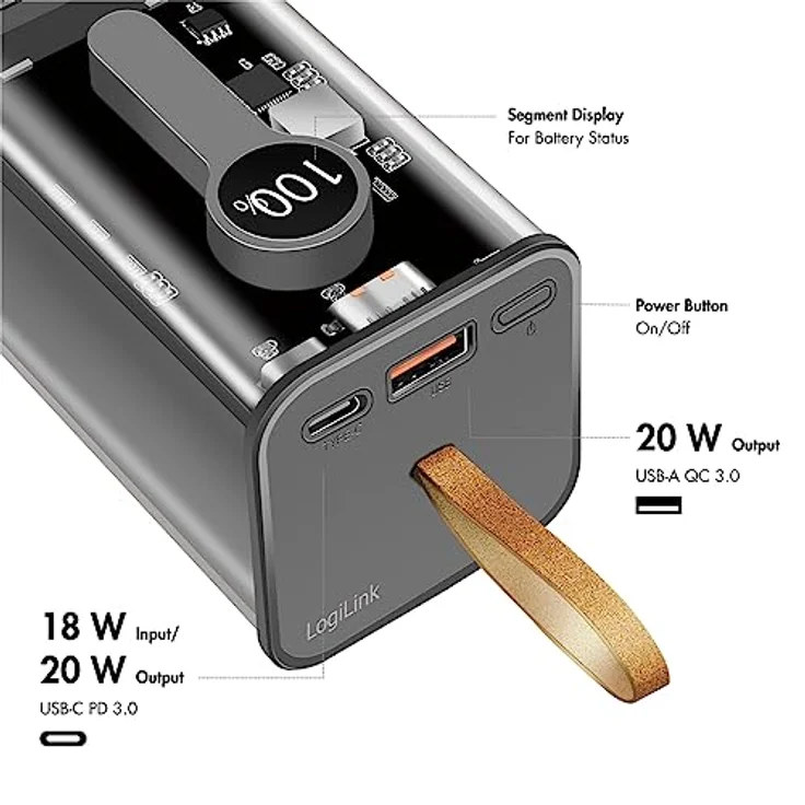 LogiLink Powerbank 20000 mAh mit 7-Fach Schutz, 1x USB-C mit PD (Power Delivery 3.0) & 1x USB-A mit QC (Quick Charge 3.0), mit Display, transparentes Design – Bild 4