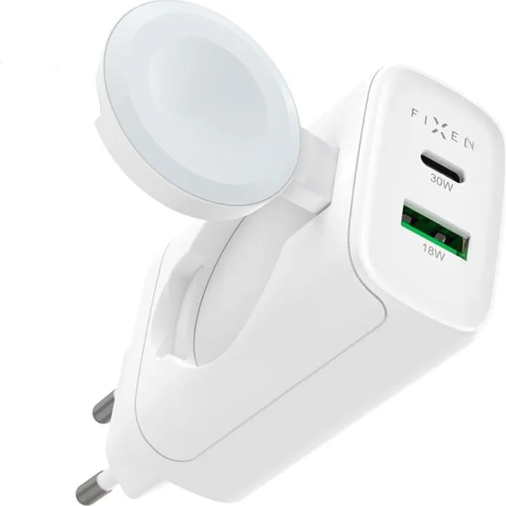 Fixed MagFlip USB-C Charger 33W für Apple Watch, USB-C und USB-A Anschlüsse, kompakt mit GaN-Technologie, integrierter magnetischer Adapter