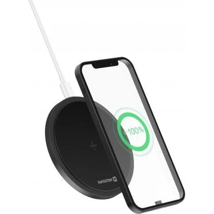 Swissten Wireless Charger (15 W), Kabelloses Ladegerät mit 1,5 m USB/USB-C-Kabel, Schwarz