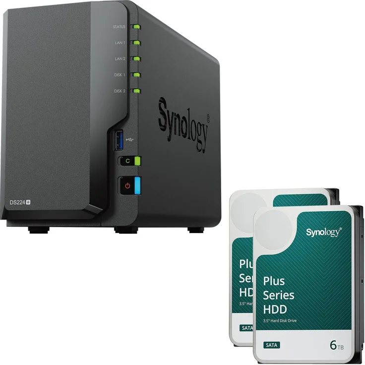 Synology DiskStation DS224+ NAS-Server Leergehäuse für 2x 3,5 Zoll SATA HDD, Schwarz, Hot Swapping fähig