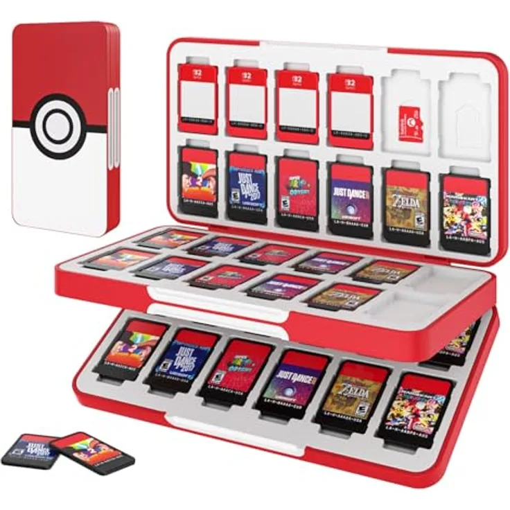 MoKo Spiel Aufbewahrungsbox, Game Case mit 48 Slots für Nintendo Switch 2/Switch OLED 2021/Lite, tragbarer Organizer im Pokéball-Design, wasser- und staubdicht