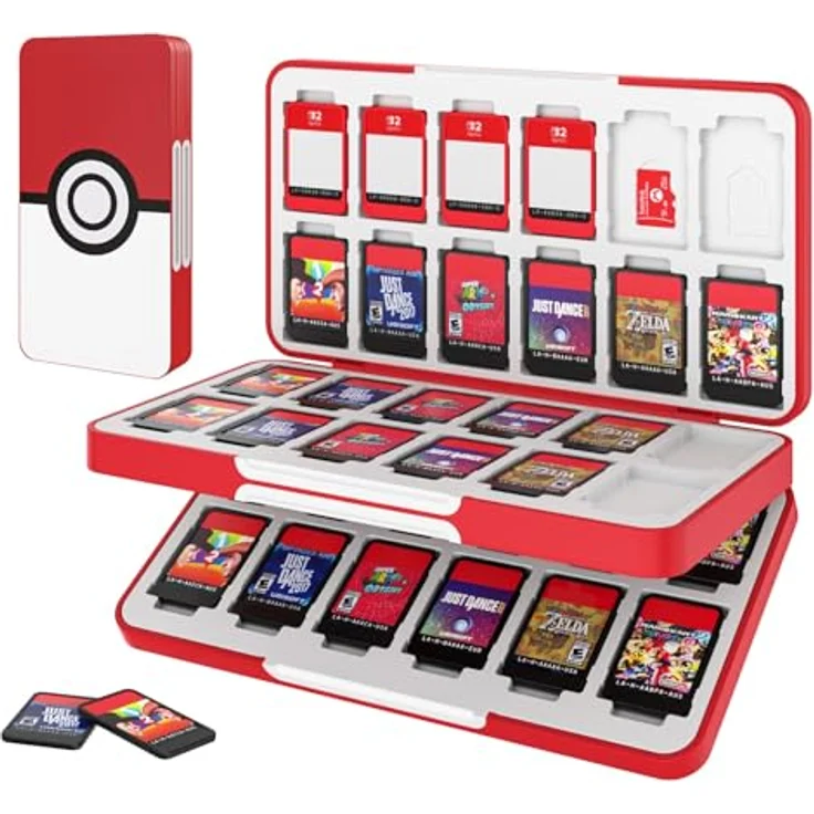 MoKo Spiel Aufbewahrungsbox, Game Case mit 48 Slots für Nintendo Switch 2/Switch OLED 2021/Lite, tragbarer Organizer im Pokéball-Design, wasser- und staubdicht – Bild 1