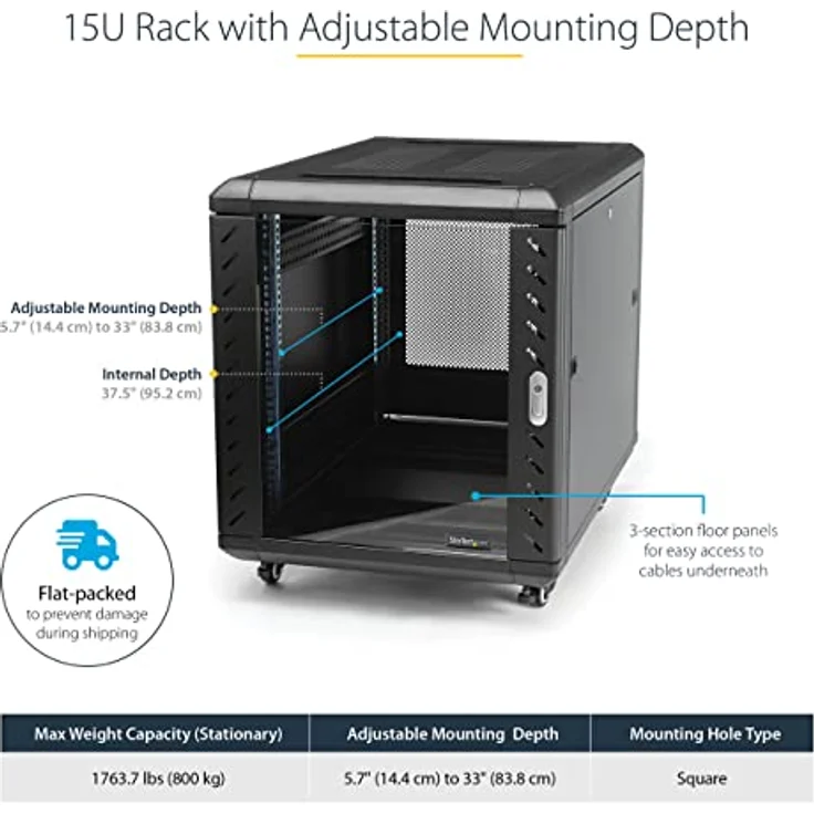 STARTECH.COM 15 HE 48.26cm 19 Zoll Serverschrank - 800mm tief - bis zu 800 kg - abschliessbarer Netzwerkschrank mit Rollen- EIA-310 – Bild 4