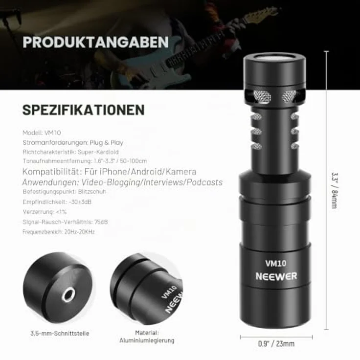 NEEWER VM10 Plug & Play Vlog Mikrofon, Mini Supernieren Mikrofon mit Windschutz und Stoßhalterung für Kamera und Smartphone – Bild 5