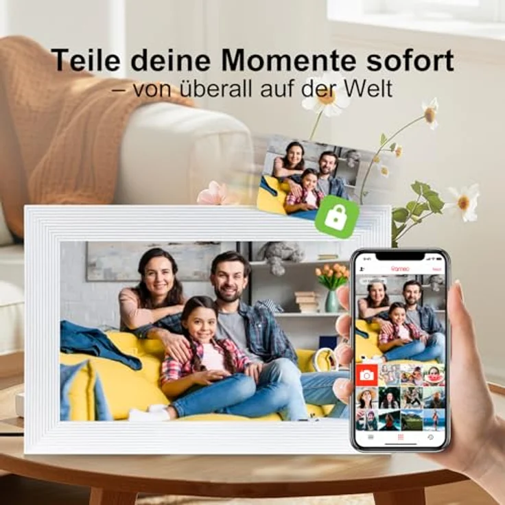 QCREA Frameo Digitaler Bilderrahmen WLAN, 10.1 Zoll IPS Touchscreen mit 1280x800 HD-Auflösung, 32GB Speicher, automatische Rotation, wandmontagefähig, weiß – Bild 3