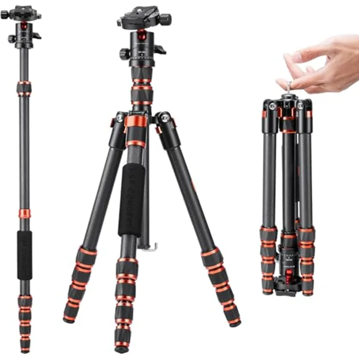 K&F CONCEPT BA255 Carbon Stativ, 152cm leichtes Tripod mit 360° Kugelkopf und 1/4" Gewinde, inkl. Tragtasche für DSLR Kameras, flexibel und einbeinstativfähig