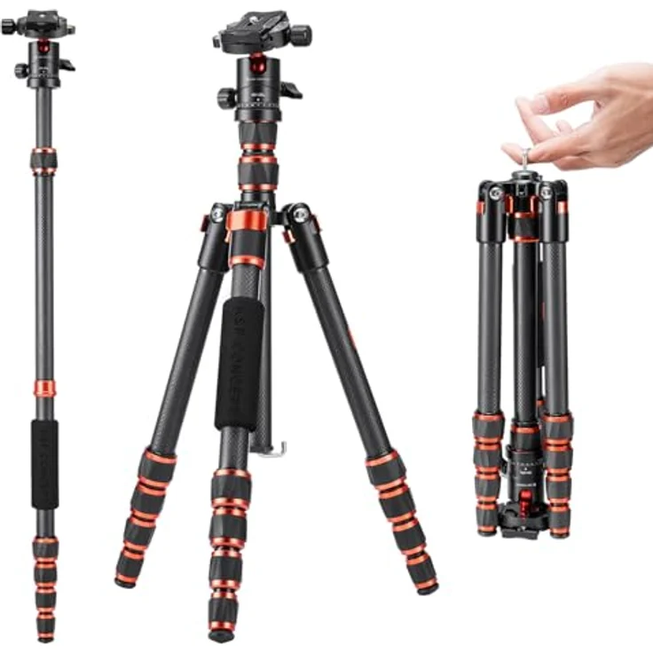 K&F CONCEPT BA255 Carbon Stativ, 152cm leichtes Tripod mit 360° Kugelkopf und 1/4" Gewinde, inkl. Tragtasche für DSLR Kameras, flexibel und einbeinstativfähig – Bild 1