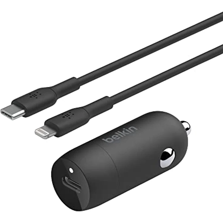 Belkin Boost↑Charge™ 30-W-Kfz-Schnellladegerät, kompaktes Modell mit USB-C-Power Delivery-Anschluss, inklusive USB-C/Lightning-Kabel, kompatibel mit der iPhone 14-Serie, iPad und mehr – Schwarz – Bild 1