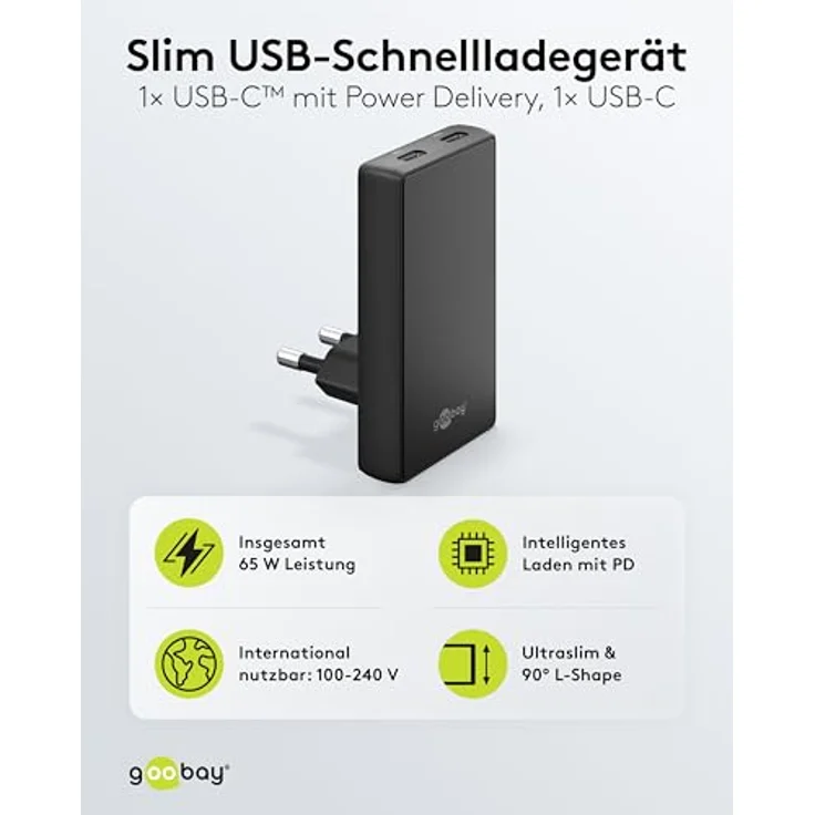 goobay 65W Flaches GaN USB C Ladegerät, Dual-Port Schnellladegerät mit 90° Flat Design, ultraflach & platzsparend, für Apple, Samsung, Huawei, Schwarz – 75725 – Bild 2