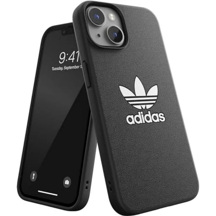 adidas Hülle für iPhone 14 | Stoßfester Fallschutz | Kompatibel mit kabellosem Laden | 6,1 Zoll Schwarz-Weißes Trefoil Design | Schützende Originals Handyhülle – Bild 1