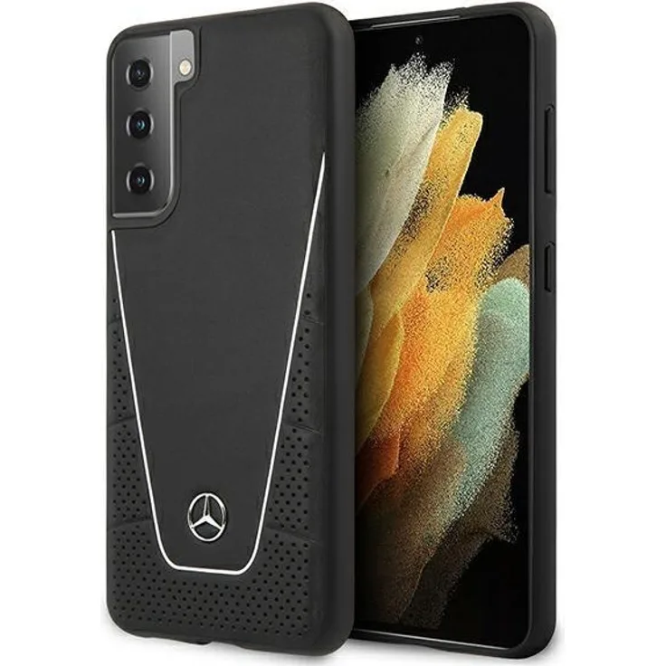 Mercedes Dynamic Line Case für Samsung Galaxy S21, Hartcase aus echtem Leder mit gelochtem Design, schwarz