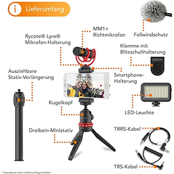 BOYA Walimex pro Smartphone Video Kit VG350 I Video Stabilisator I Video Rig mit Mikrofon, Mini LED Licht, Dreibein Stativ, universellem Smartphone-Halter und Fell-Windschutz I mobiles Vlogging Kit – Bild 2