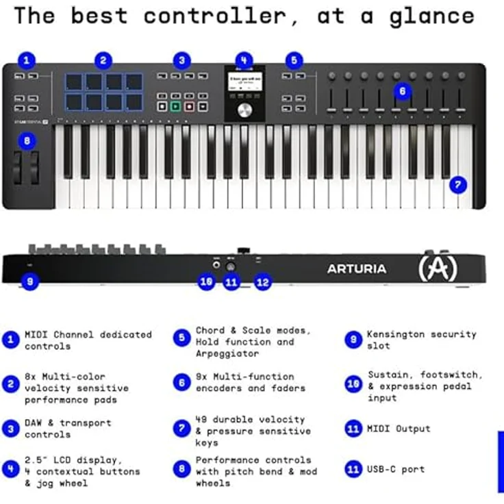 Arturia - KeyLab Essential 49 mk3 - MIDI Controller-Keyboard für die Musikproduktion - 49 Tasten, 9 Drehregler, 9 Fader, ein Modulationsrad, ein Pitch-Bend-Rad, 8 Pads - Schwarz – Bild 3