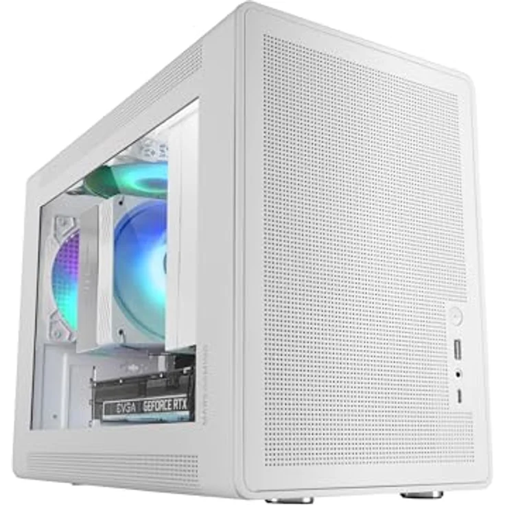 MARS GAMING MC-XPS, Ultrakompaktes MicroATX-Gehäuse mit gehärtetem Glas, FRGB 120mm-Lüfter, duale PSU-Unterstützung, USB-C, Weiß – Bild 1