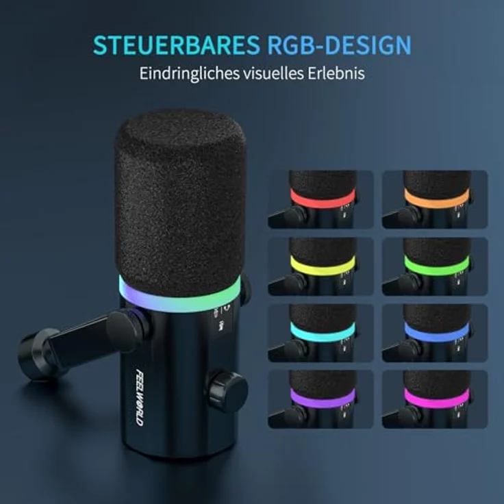 FEELWORLD PM1, Dynamisches Mikrofon für Podcast & Gaming, XLR/USB, RGB-Beleuchtung, Stummschaltung, Nierenpolar-Muster – Bild 5