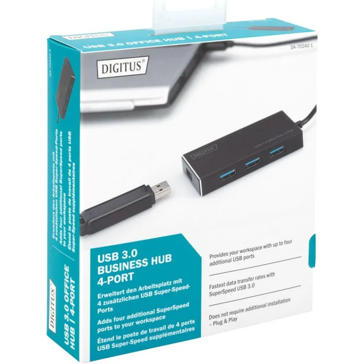 DIGITUS USB-Hub - 4 Ports - Super-Speed USB 3.0 - 5 GBit-s - Plug&Play - Aluminium-Gehäuse - Schwarz – Bild 2