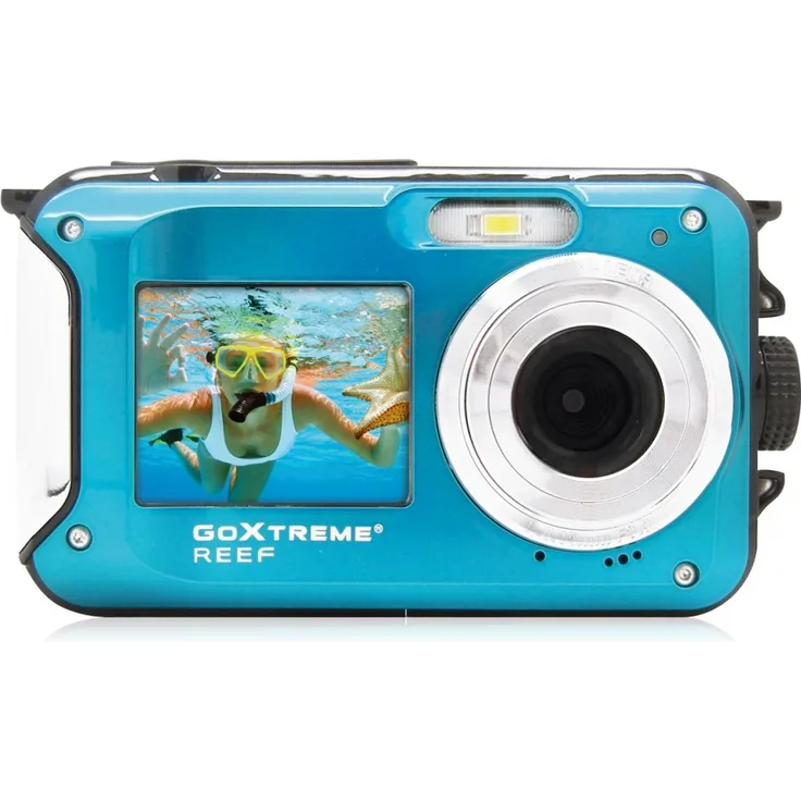 Easypix GoXtreme 'Reef' Unterwasserkamera mit Webcam-Funktion, 4-Fach Zoom, Anti-Shaking Funktion, 2 Displays, 3 m wasserfest, Blau
