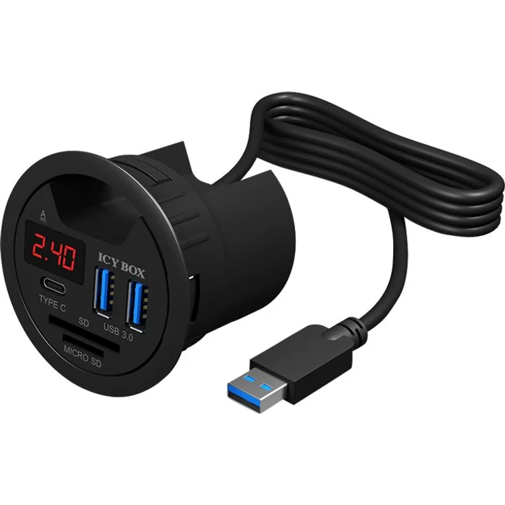 ICY BOX USB Tisch Hub zum Einbau, 60 mm, USB 3.0 Hub, USB-C, Ladefunktion, Kartenleser, Display mit Netzteil – Bild 7