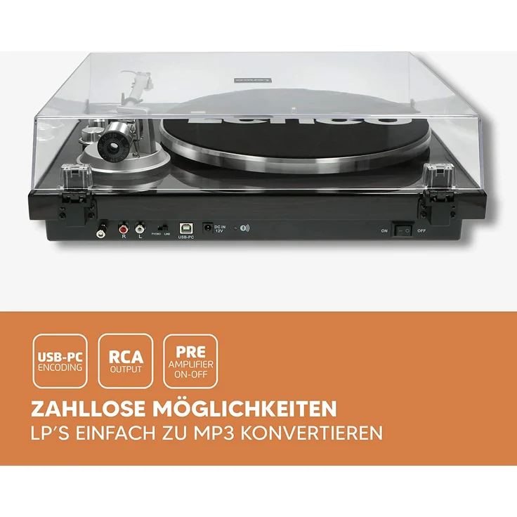 Lenco LBT-188 Plattenspieler - Bluetooth Plattenspieler - Riemenantrieb - 2 Geschwindigkeiten 33 u. 45 U-min - Anti-Skating - Vinyl zu MP3 digitalisieren - Dunkelbraun – Bild 4