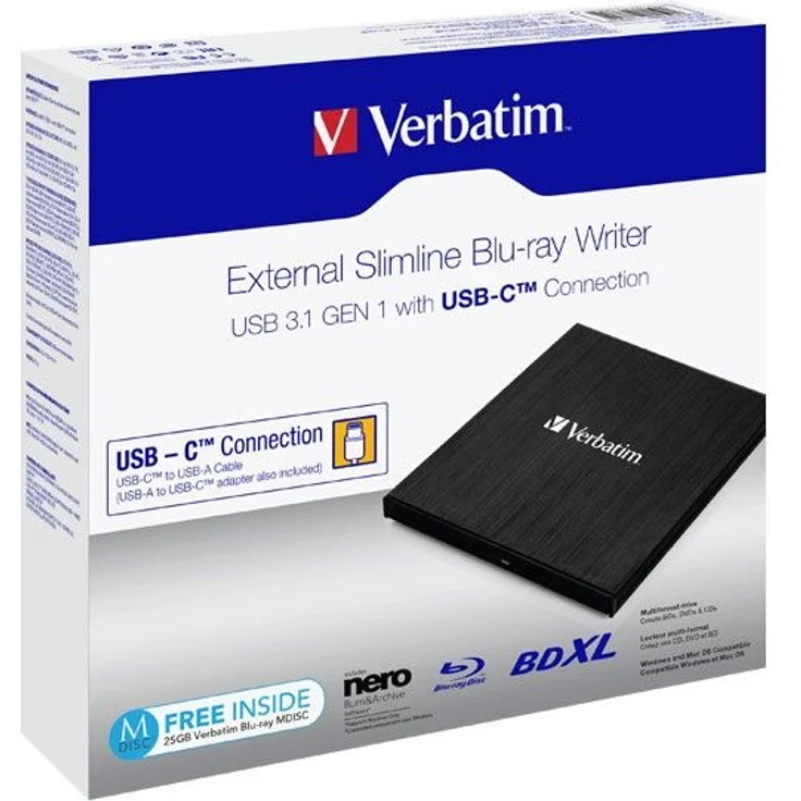 Verbatim Externer Slimline Blu-ray-Player mit USB-C-Anschluss - kompakter Brenner zum Erstellen großer Backups, schwarz – Bild 3