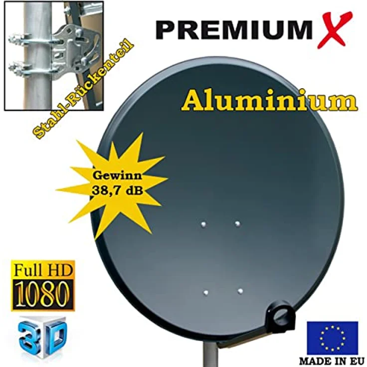 Premium X Camping Satelliten-Komplettanlage 60cm Aluminium Satellitenschüssel SAT Single LNB 10m Kabel F-Stecker Dreibein-Stativ in Anthrazit – Bild 2
