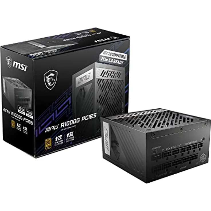 MSI MPG A1000G PCIE5 Netzteil EU Stecker, 1000W, 80 Plus Gold Zertifiziert, vollmodulares ATX 3.0, unterstützt PCIe 5.0 GPU, japanische 105°C Kondensatoren, 0% RPM Modus, Flachkabel