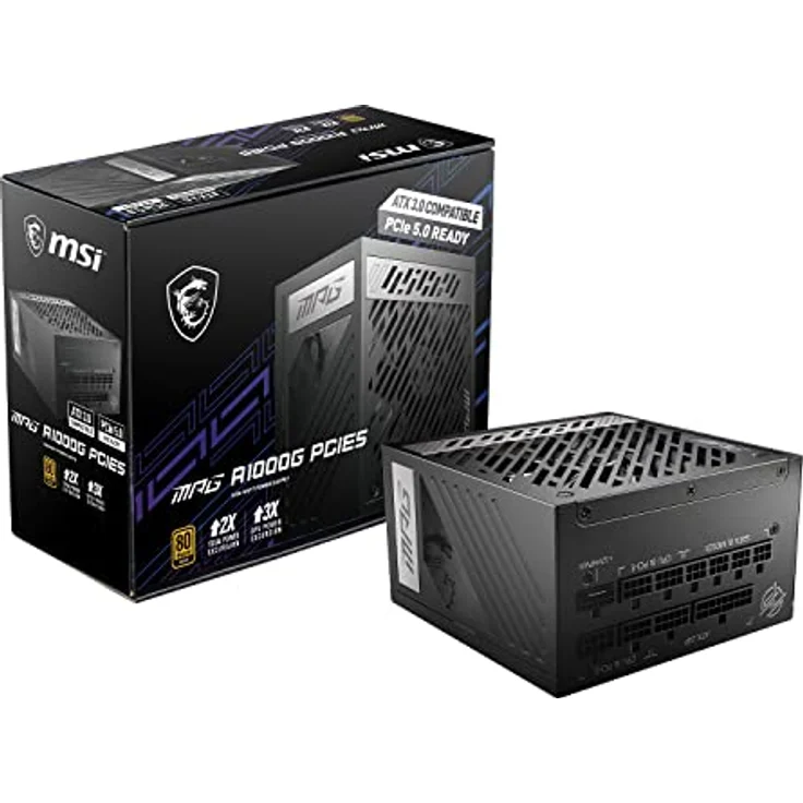 MSI MPG A1000G PCIE5 Netzteil EU Stecker, 1000W, 80 Plus Gold Zertifiziert, vollmodulares ATX 3.0, unterstützt PCIe 5.0 GPU, japanische 105°C Kondensatoren, 0% RPM Modus, Flachkabel – Bild 1