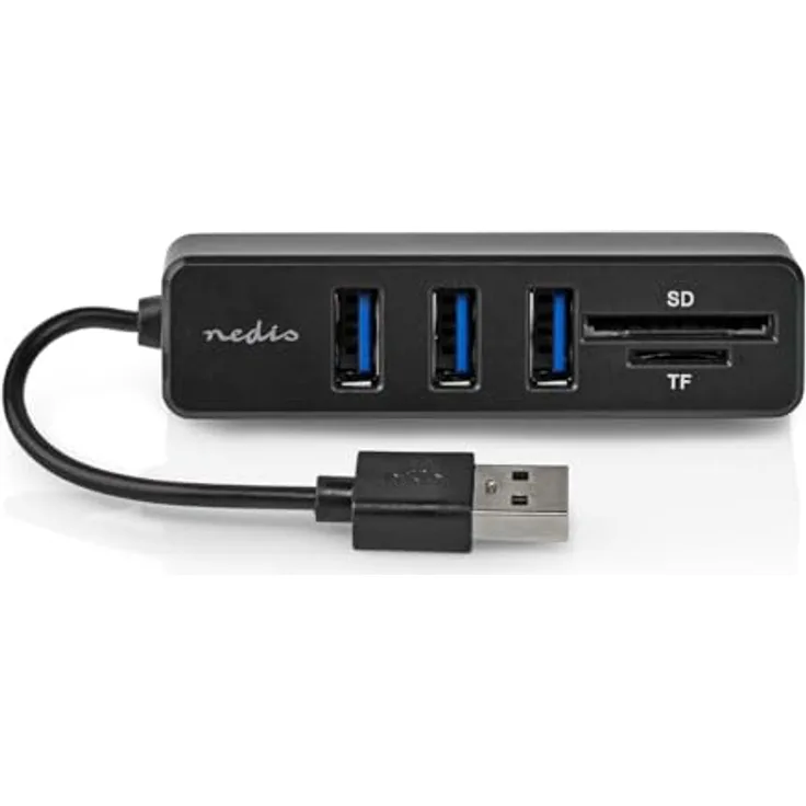NEDIS CCGB60250BK01 USB-HUB mit 3 USB 2.0-Ports und (Micro)SD-Kartenleser, schwarz