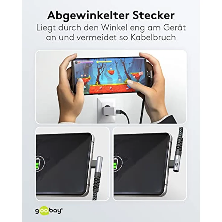 goobay 64658 USB C auf USB C Kabel mit 90 Grad Winkel/Handykabel 480 Mbits/USB C Schnellladekabel Samsung 60W & 20V / Textilkabel Grau 0,5m – Bild 5