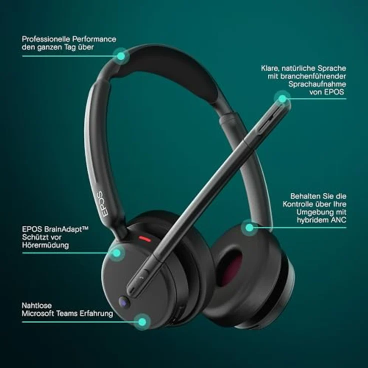 EPOS Impact 500 ANC, Kabelloses Headset mit aktiver Geräuschunterdrückung, Teams Zertifiziert, USB-C & USB-A, 35 Stunden Akkulaufzeit – Bild 2