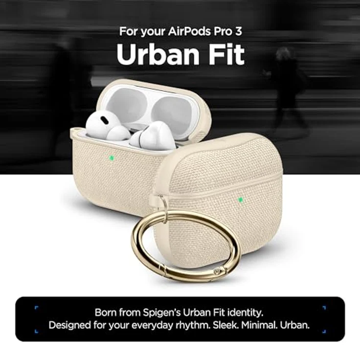 Spigen Urban Fit Hülle Case, kompatibel mit AirPods Pro 3. Generation (2025), aus hochwertigem Nylon mit Wildleder-Innenseite, dünenbeige, inklusive Karabiner und doppelseitigem Klebeband – Bild 2