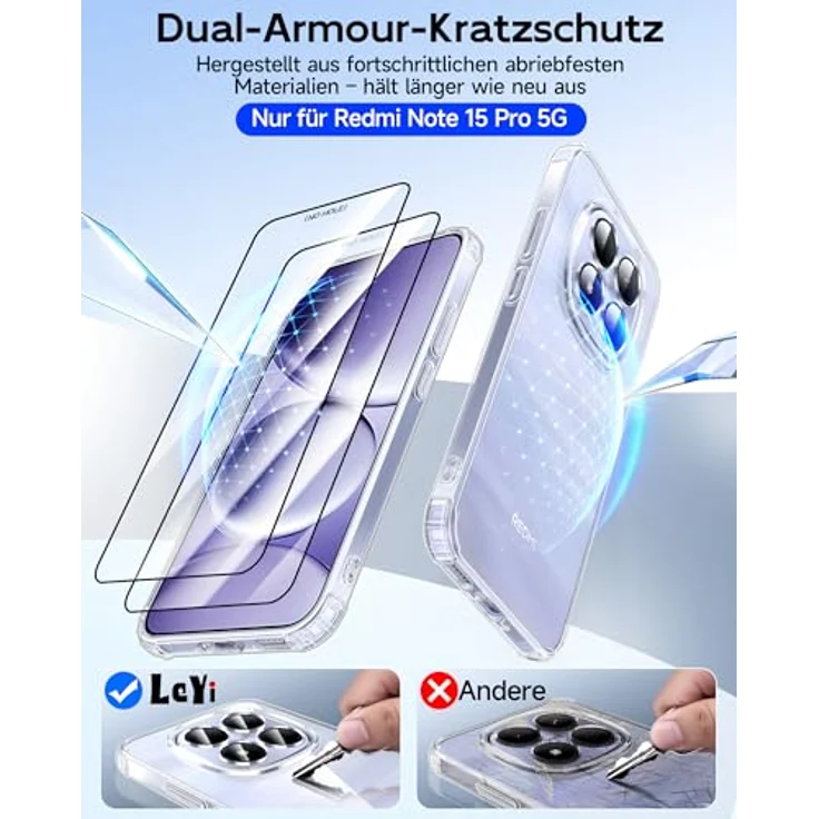 LeYi Hülle für Xiaomi Redmi Note 15 Pro 5G, Transparent TPU Schutzhülle mit 2 Schutzfolien, Stoßfest und Kameraschutz, Crystal Clear Case – Bild 5