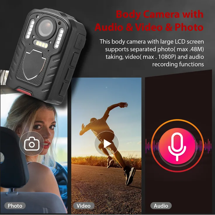 KKmoon 1080P Körperkamera mit Audio- und Videoaufzeichnung, tragbare Body-Cam mit 64-GB Speicher, IR-Nachtsicht, Bewegungserkennung und LCD-Bildschirm
