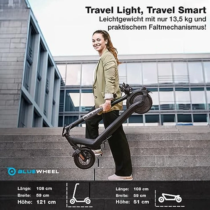BLUEWHEEL IX250 E-Scooter mit Straßenzulassung | 13,5 kg leicht inkl. App, Blinker, Bremslicht + LCD-Display | 350 W Motor + 360 Wh Akku | Duales Bremssystem + Federung | Luftreifen – Bild 5