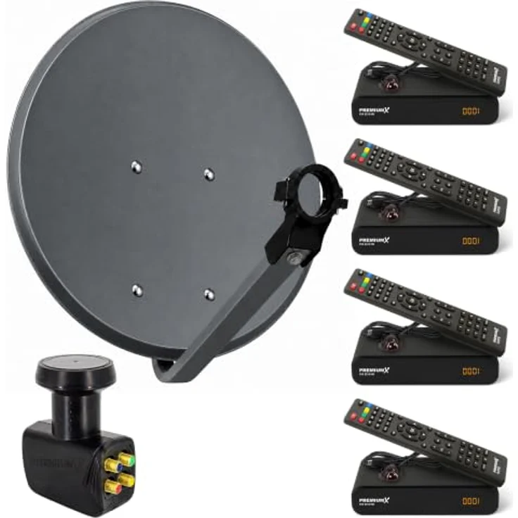 PremiumX Satelliten-Komplettanlage 80cm, Anthrazit mit Quad LNB für 4 Teilnehmer, inkl. 4 HDTV DVB-S2 Receivern – Bild 1