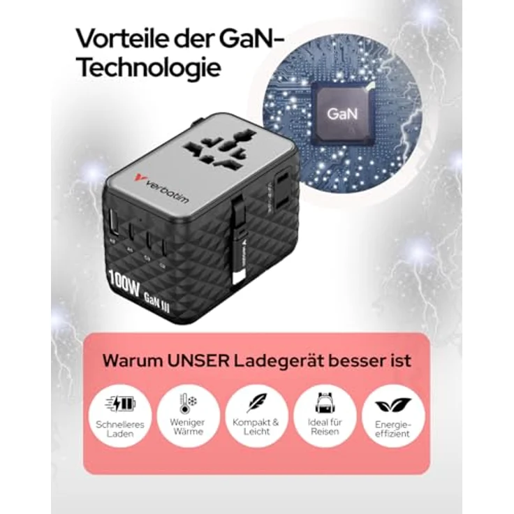 Verbatim Charge ’n’ Travel 100W Reiseadapter mit einziehbarem USB-C-Kabel, 7-in-1-Anschlüssen, kompakt und sicher, schwarz – Bild 6