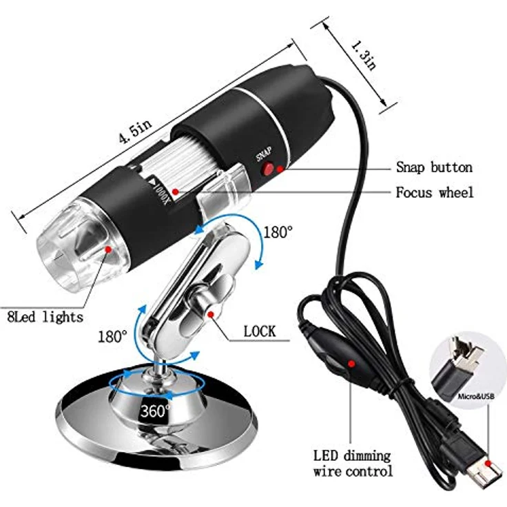 Jiusion 40 - 1000X vergroting endoskop, 8pcs LED USB 2.0 Digitaal MiKrosKop, Mini Kamera met OTG Adapter en Metaal Standfunktion, kompatibel met Mac Windows 7 8 10 Android Linux – Bild 3