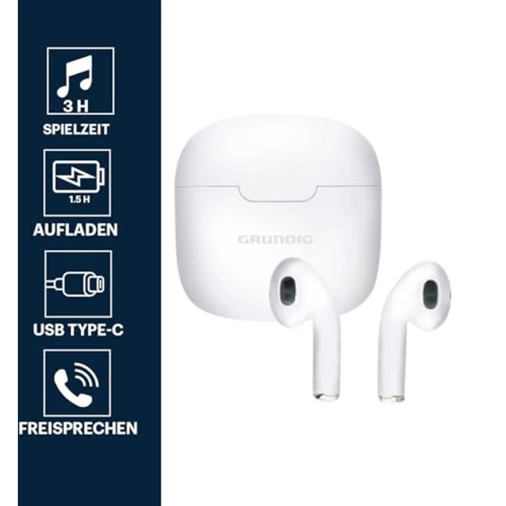 Grundig In Ear Bluetooth Kopfhörer, kabellose Earbuds mit 200 mAh und 3 Stunden Wiedergabezeit, inkl. Ladeetui und USB-C-Ladekabel – Bild 3