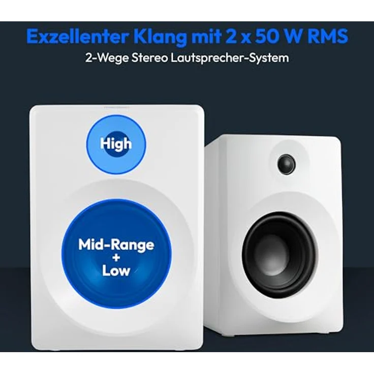 MEDION P61925 Regallautsprecher (aktiv und passiv, Holzgehäuse, 2 Wege System, Bluetooth, integriertem Hochtöner und Subwoofer, Drehregler, optischer Eingang SPDIF, Line In RCA, 2X 50 Watt RMS) weiß – Bild 2