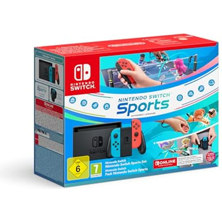 Nintendo Switch V2, Spielkonsole mit Nintendo Switch Sports Set, rot/blau, inklusive Joy-Con und 12 Monate Nintendo Switch Online Mitgliedschaft