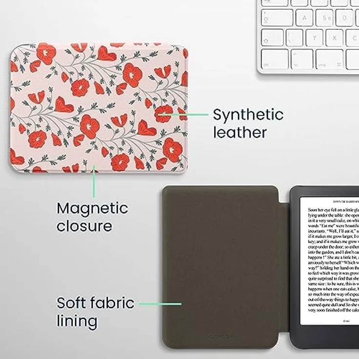 kwmobile Klapphülle kompatibel mit Kobo Clara 2E / Tolino Shine 4 Hülle - eReader Case - Mohnblumen Rot Grün Beige – Bild 5