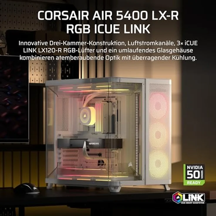 Corsair AIR 5400 LX-R RGB LINK, Mid-Tower PC Gehäuse mit Sichtfenster, modularem Innenraum und bis zu 10 Lüftern, Weiss – Bild 2