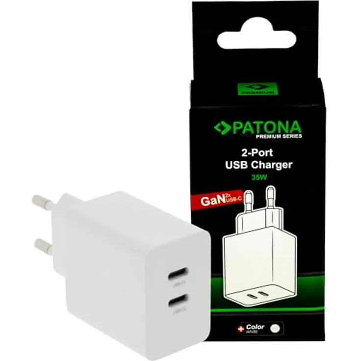 PATONA 2645 Premium GaN 35W PD Schnell-Ladegerät Power Adapter 3.0 / QC 3.0 / 2X USB-C Port - Farbe Weiss