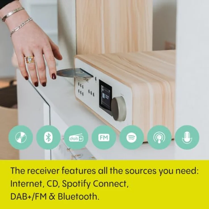Pure Classic Stereo HiFi Music System (100W Sound, Internet Radio, DAB+/FM, Bluetooth, CD Player, USB and Spotify Connect) Cotton White/Oak, Lautsprecher mit kraftvollem Stereo-Sound – Bild 3