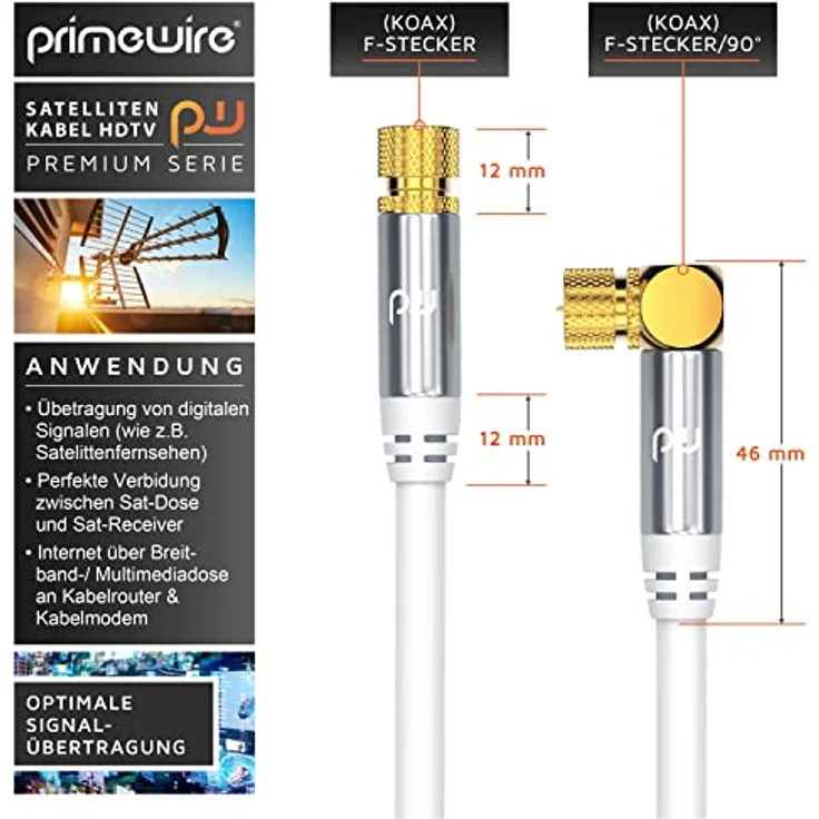 CSL Primewire 10m SAT Kabel, 8K 4K HDTV, 90° gewinkelt, F-Stecker, 135dB, für DVB-T, DVB-C, DVB-S, DVB-S2, Weiß – Bild 2