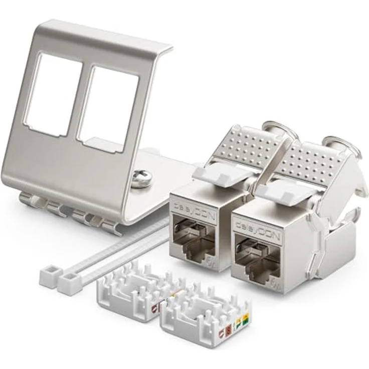 deleyCON 2x CAT6a Keystone Jack Modul Set, 10 Gbit/s mit 2-Port Hutschienenadapter, Metall STP geschirmt, silber – Bild 2