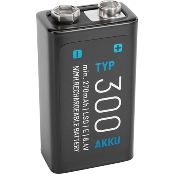 ABSINA 9V Blockbatterie Akku Typ 300, wiederaufladbar mit min. 270mAh & 8,4V, NiMH, hohe Zyklenfestigkeit, geeignet für Rauchmelder, Spielzeug und mehr – Bild 1
