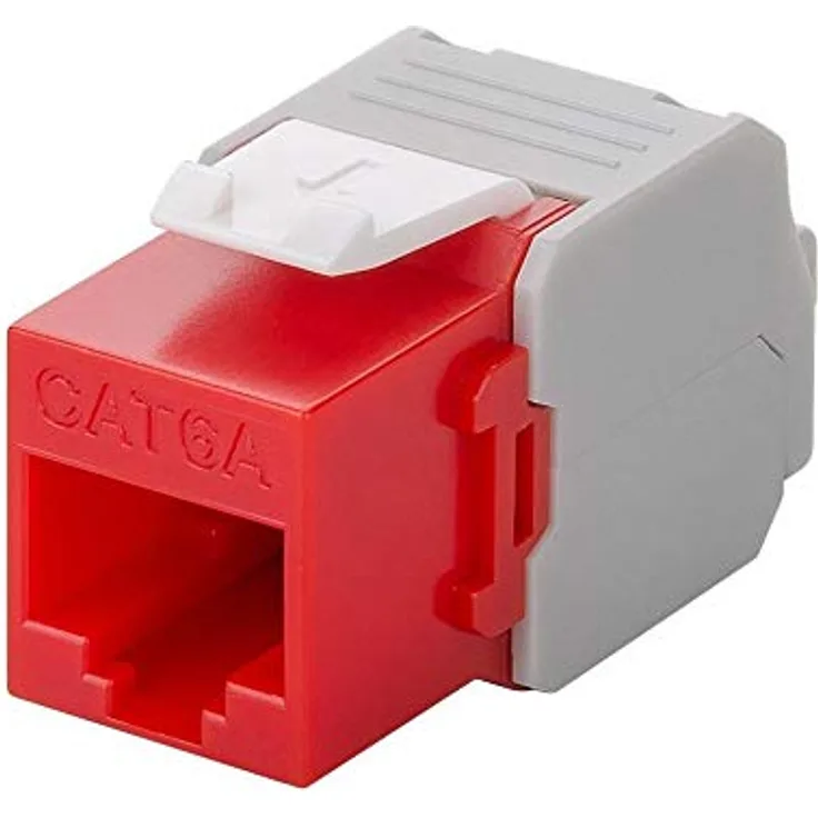 Goobay 90689 Keystone Modul RJ45 Buchse / CAT 6A Netzwerkstecker 500 MHz / UTP Ethernet Buchse 8P8C / LSA Montage für 5 - 9 mm Netzwerkkabel / Rot